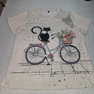 Women's Short Sleeve Tee with Bicycle and Cat Print
